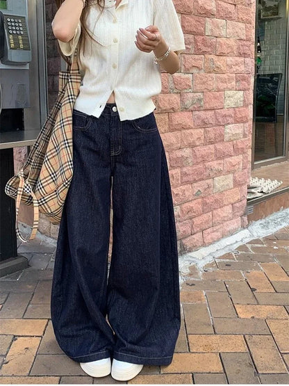 lovwvol Women's Deep Blue Loose Wide Leg Jeans Street Cool Girl High Waist Baggy Pants Female Casual Straight Denim Trousers