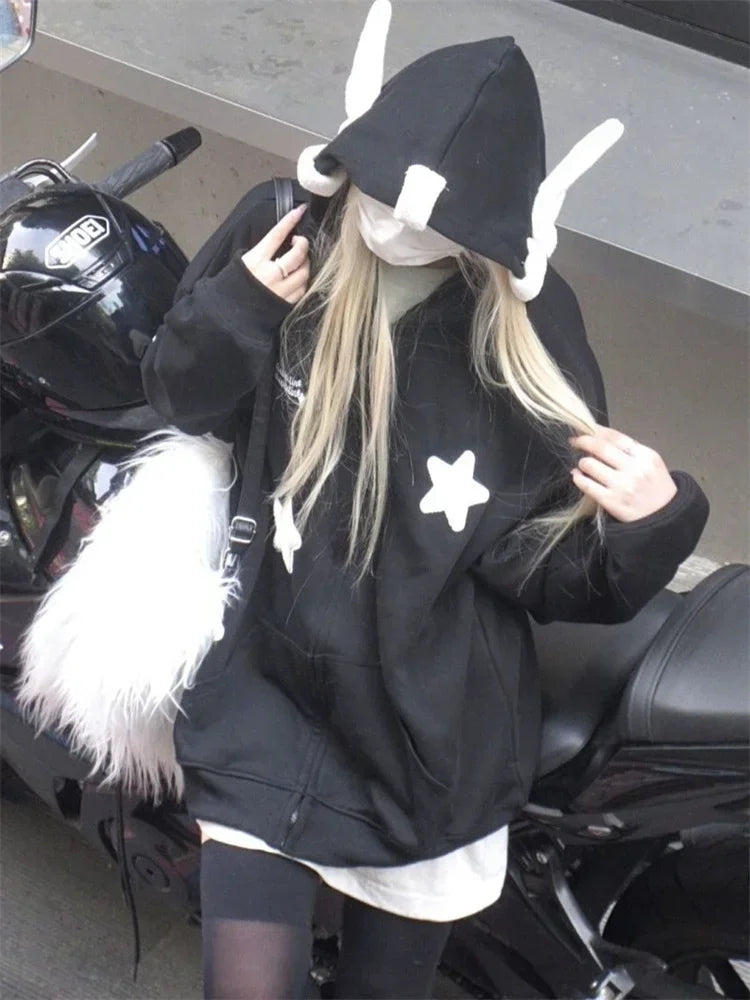 lovwvol  Japanese Y2K Zip Up Blue Hoodie Women Harajuku Kawaii Angel Wings Pink Sweatshirts Oversized Subculture Star Black Jacket