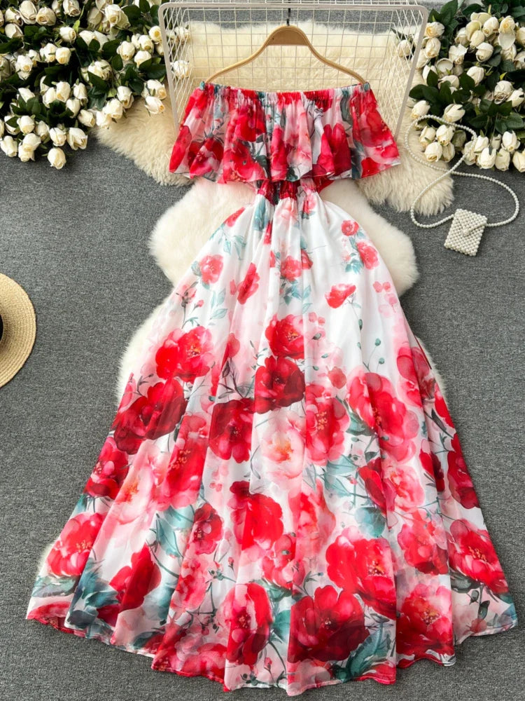 lovwvol Women Elegant Chiffon Party Dress Summer Ruffle Slash Neck Sexy Off Shoulder Beach Long Dresses Ladies Split Print Floral Dress