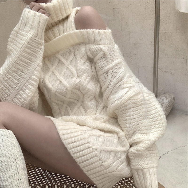 lovwvol lovwvol Autumn Winter Korean Style Women Turtleneck Knitted Sweaters Fashion Wild Knitwear Outwear Female Sexy Off Shoulder Pullovers