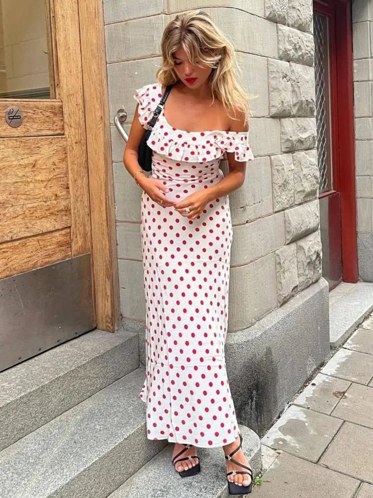 Polka Dot Ruffles Bandage Maxi Dress Women Off Shoulder Slim Elegant Party Dress Summer Beach Holiday Sundresses