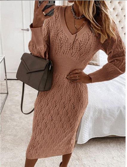 Autumn Fashion Elegant Knitted Sweater Dress Women's Long Sleeve Warm Mini Tight Dress Casual White Ladies Dress New