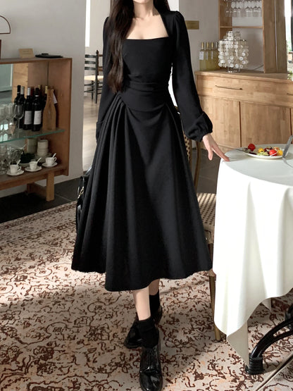 lovwvol Summer Elegant Party Casual Lady Long Dresses Retro Folds Puff Sleeves Fashionable Sexy Design Slimming Waist Green Dress