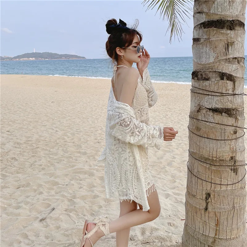 lovwvol Korean Beach Style Sexy 3 Piece Bikini Sets Summer Vacation Knited Lace Swimwear With Embroidery Cover up Women