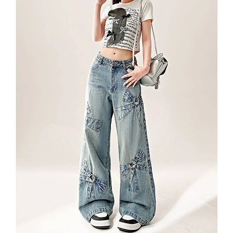 lovwvol Women's Bow Pattern Design Blue Jeans Cool Girl High Waisted Fashion Loose Pants Female Straight Retro Denim Trousers