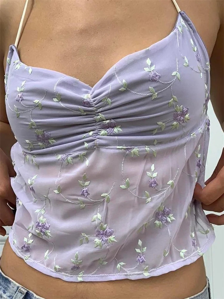 lovwvol Women Y2K Backless Floral Crop Tops Vintage Sexy Halter Tie Up Off Shoulder Camisole Summer Cute Mini Vest Streetwear