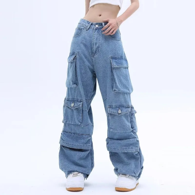 lovwvol Multi-Pocket Blue Washed Jeans Cargo Pants Y2k Retro Streetwear Fashion High Waist Jeans Couple Harajuku Casual Wide Leg Pants