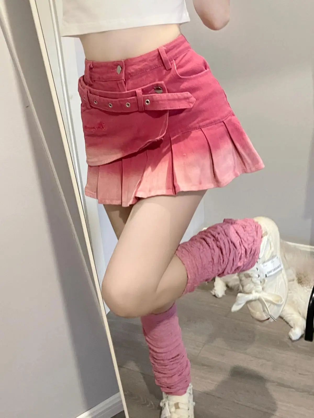 Women's Spring/Summer Barbie Pink Gradient Denim Short Skirt Fashion American Spicy Girl Y2K Subcultural Pleated Cute Skirt