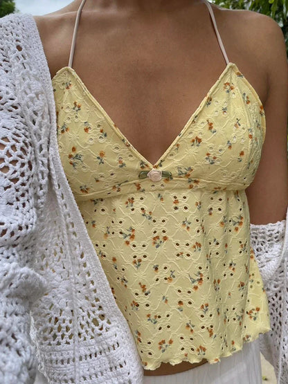 lovwvol Women Halter Neck Cami Tops Sleeveless Floral Print Camisole Spaghetti Strap Backless Yellow Shirts Streetwear