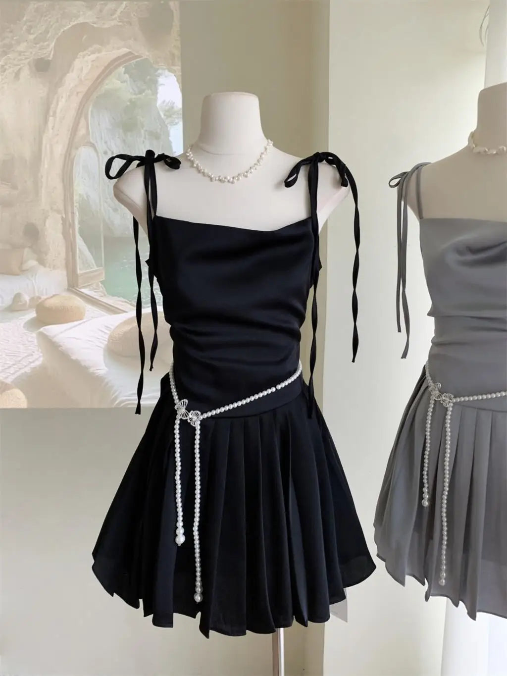 Y2K Satin Short Dress with Belt Chain Women New Summer Solid Spaghetti Strap Slim A-line Pleated Korean Chic Sexy Party Dresses