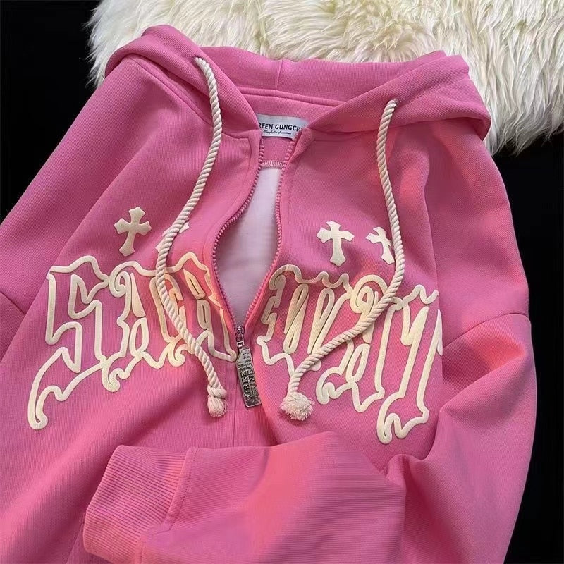 lovwvol Y2k Women Vintage Gothic Streetwear Embroidery Harajuku Hoodies Hip Hop Jacket Zip Up Hoodie Grunge Sweatshirt Tops Alt Clothes