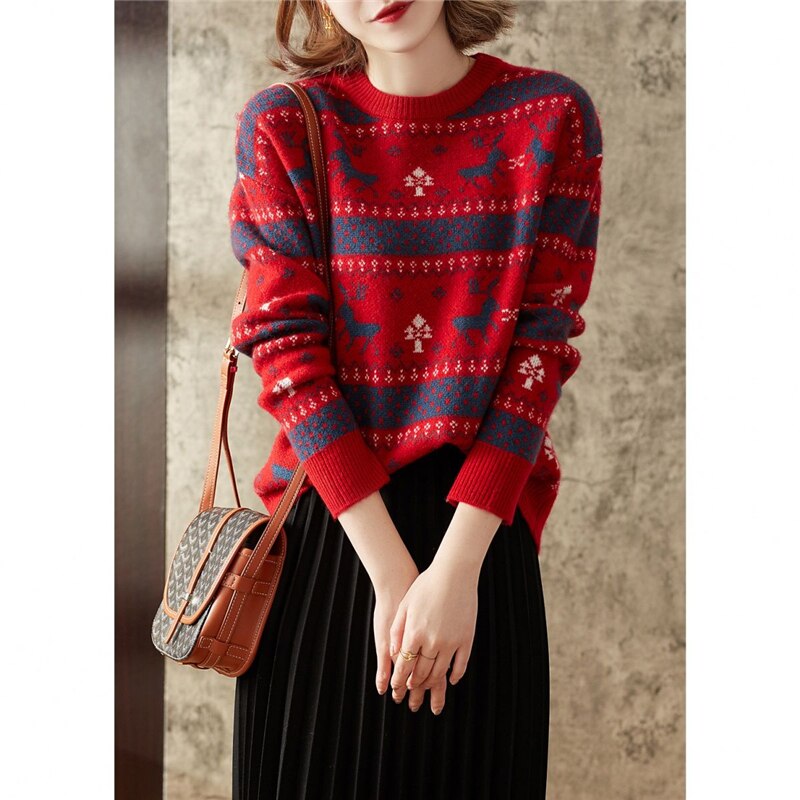 lovwvol Retro Christmas New Year Elk Jacquard Simple Round Neck Knitted Sweater Women Casual Long Sleeve Slim Pullover Top Female Jumper