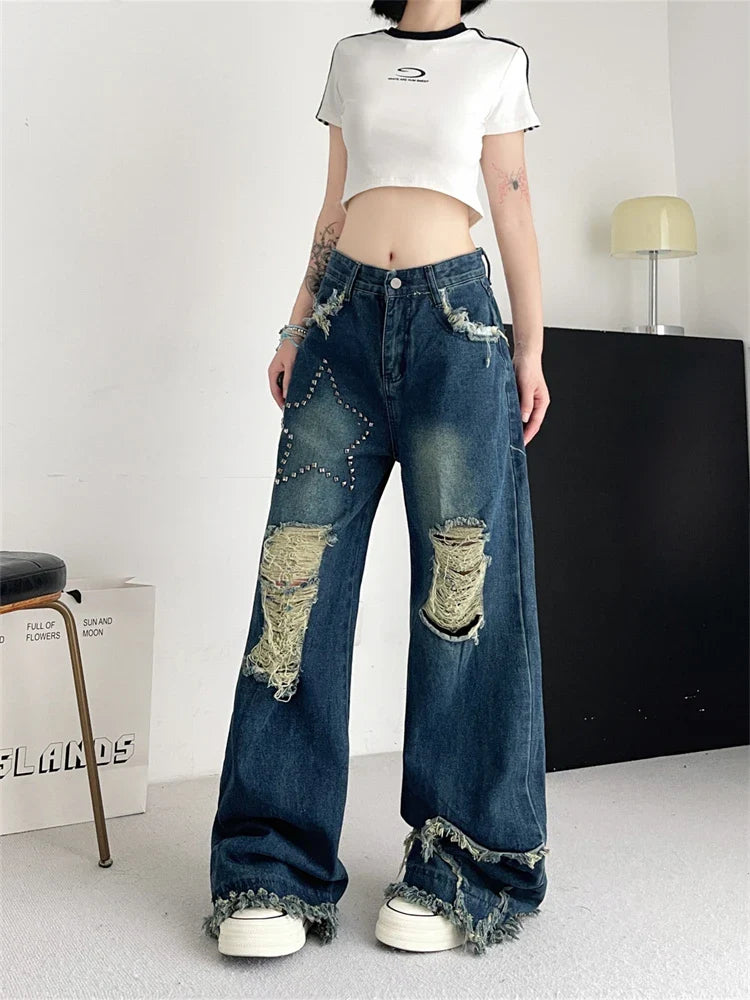 lovwvol Women's Broken Hole Tassel Star Jeans Young Girl Straight Denim Trousers Vintage Street Style Bottoms Female High Waisted Pants