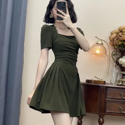 lovwvol   Vintage Women Mini Dress Elegant Korean Folds Female Dresses Spring All Match High Waist Ball Gown A Line Dress New