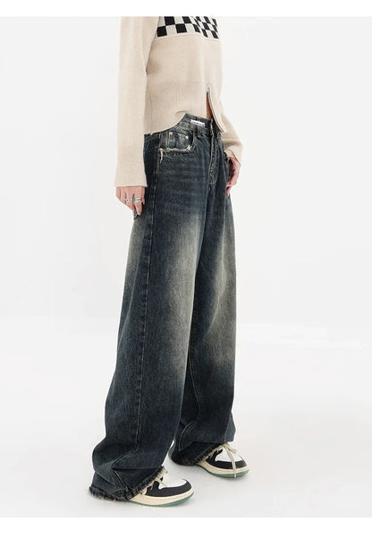 lovwvol Harajuku Streetwear Retro Fashion Autumn Women High Waist Jeans Loose Wide Leg Straight Loose Denim Trousers Y2K Baggy Pants