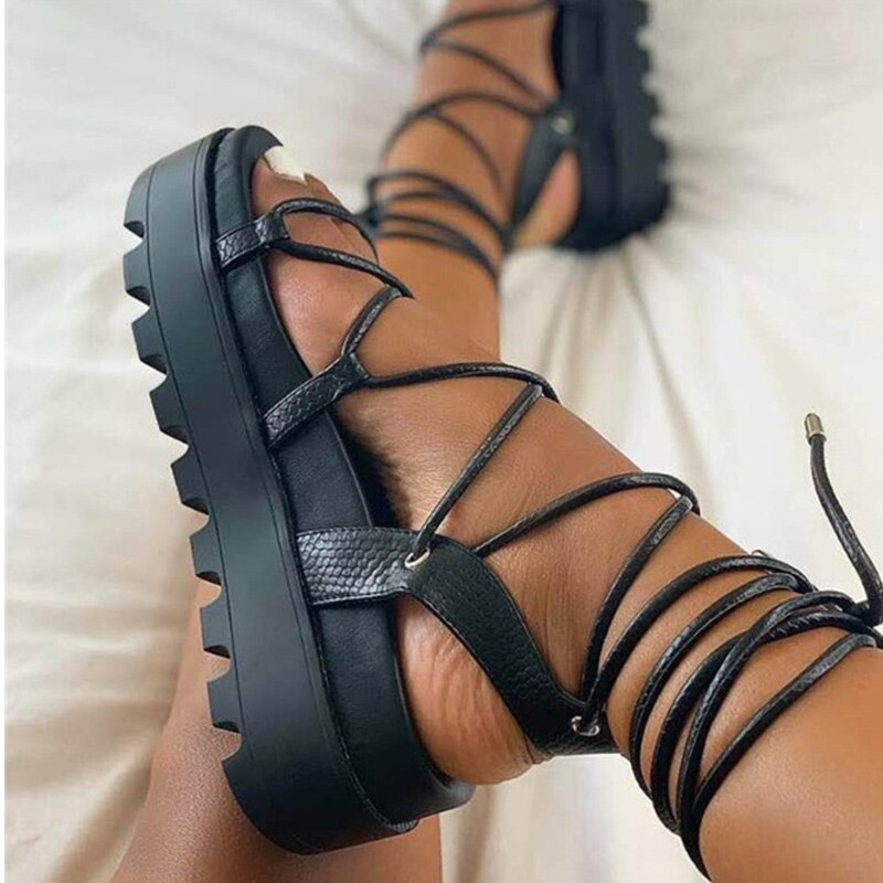 Woman Gladiator Platform Sandal Ladies Ankle Wrap Wedge Female Fashion Lace Up Shoe Women Non Slip Women's Footwear Plus Size 43