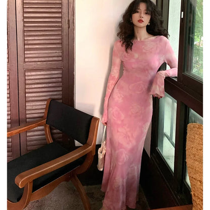 Korean Vintage Prints Pink Midi Dresses for Women Autumn Spring New Elegant Party Sexy Long Sleeves Female Clothing