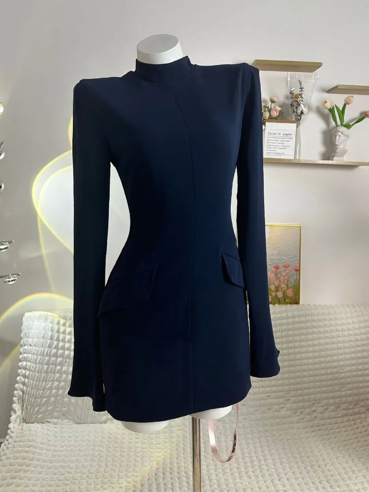 lovwvol Patchwork Solid High Waist Mini Dress Female Fashion Long Sleeve Autumn Pocket Slim Dress Casual Women's Dress New