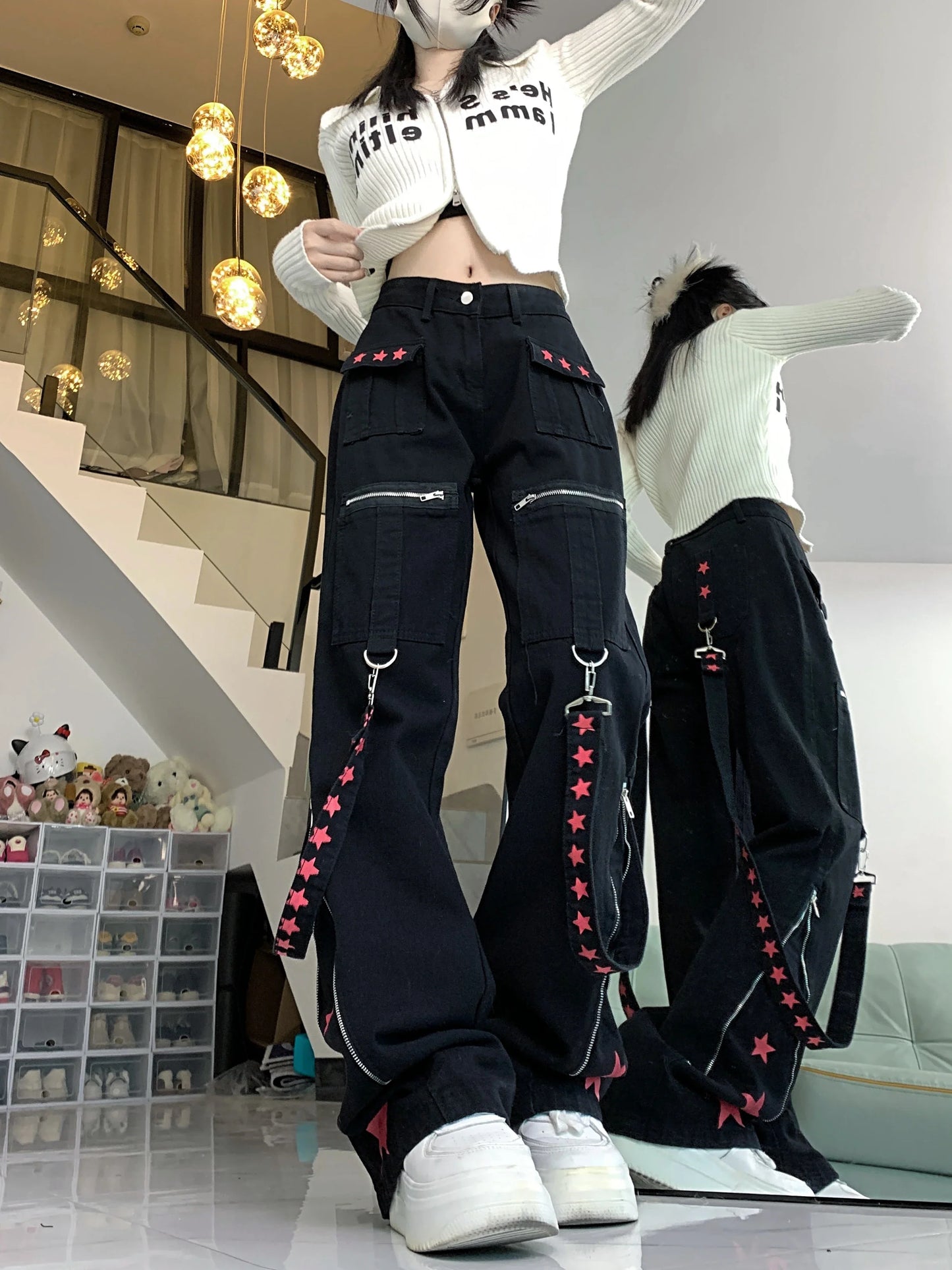 lovwvol Women's Black Gothic Baggy Cargo Jeans with Star Harajuku Y2k 90s Aesthetic Denim Trousers Emo 2000s Jean Pants Vintage Clothes