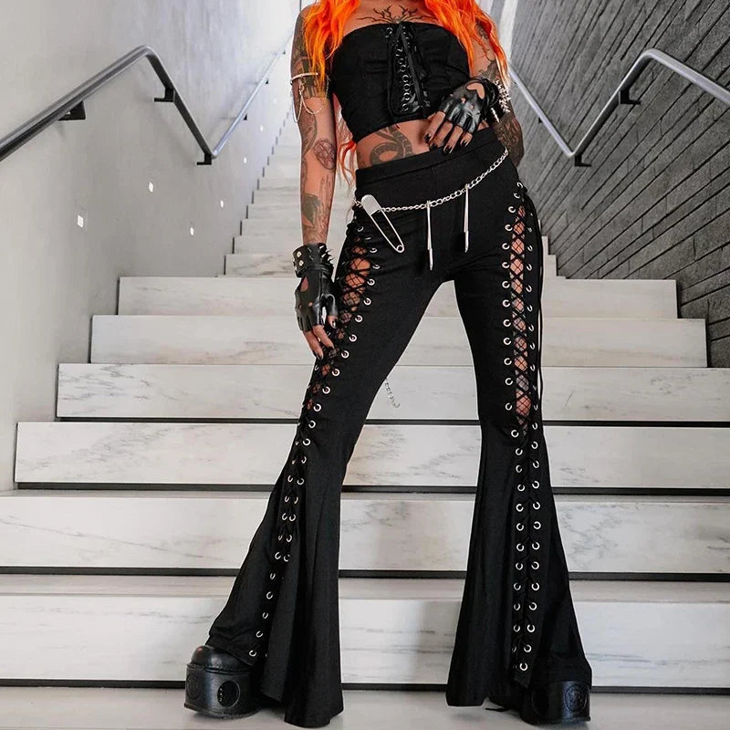 lovwvol Women's gothic pants Spring 2024 new dark wind Street fashion trend cock-eye tie design flared pants women