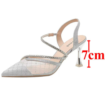 Bling Crystal High Heels Sandals for Women Summer Pointed Toe Rhinestones Thin Heel Pumps Woman Sexy Transparet Mesh Party Shoes