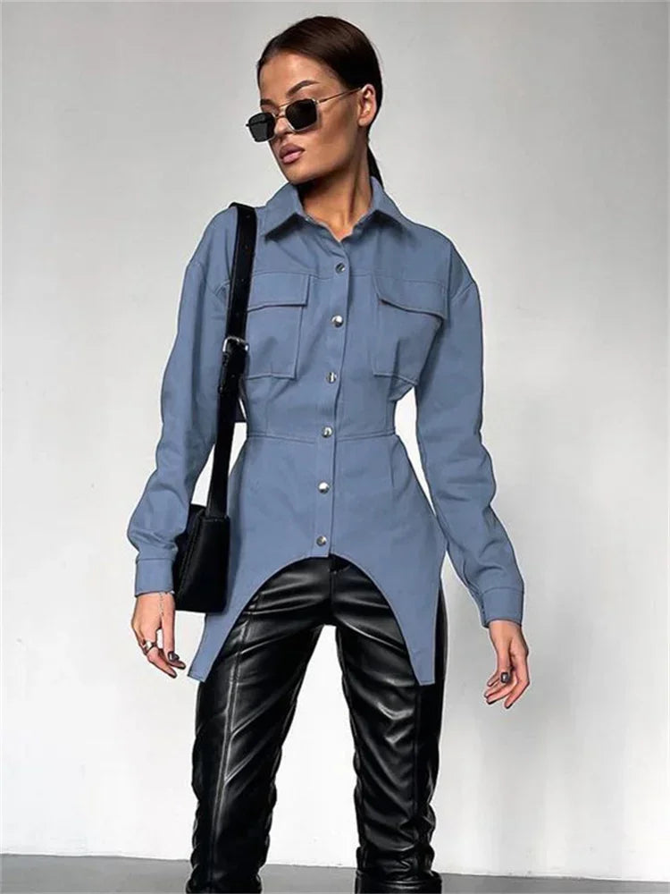 lovwvol   Lapel Patchwork Fashion Shirts For Women Slim Long Sleeve Pocket High Waist Autumn  Cardigan Vintage Shirts Streetwear