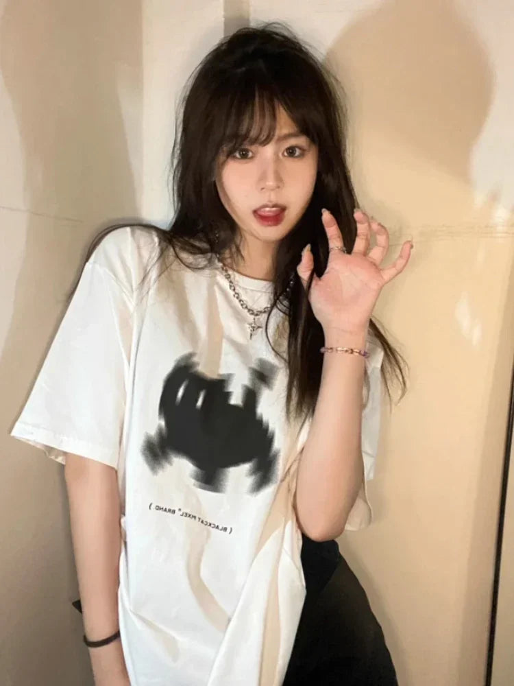 Summer Y2k Aesthetic Print Basic Short Sleeve T-shirts Streetwear All Match Loose Tops Women Casual Harajuku O Neck  Tees