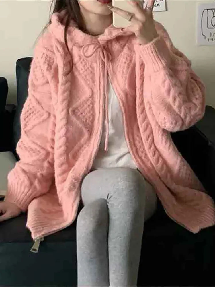 Cyflymder Korean Fashion Knit Cardigan Women Autumn Winter Casual Loose Zipper Hooded Thick Sweater Coat Long Sleeve Pink Top