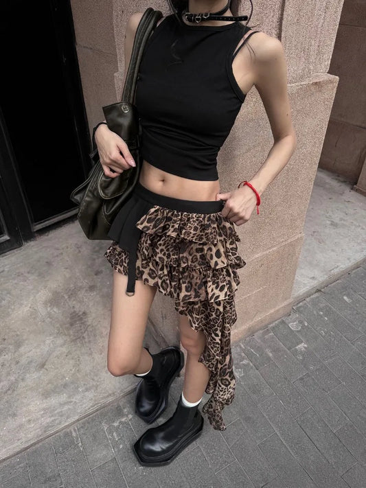 lovwvol  -  Design Sensation Spicy Girl Short Casual Versatile Irregular Cake Skirt Loose Spliced Leopard Pattern Chiffon Short Skirts