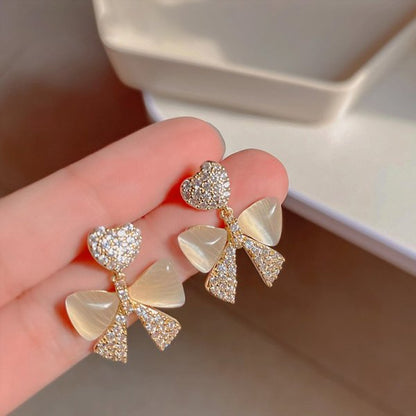 Korean New Exquisite Bow Pearl Stud Earrings For Women Contracted Crystal Heart Shape Earring Girl Temperament Jewelry