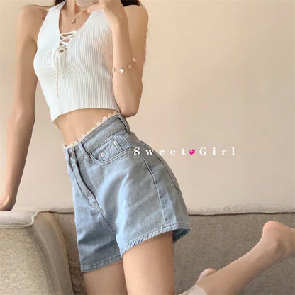 lovwvol Women's Lace Design A-line Denim Shorts Summer New Sweet Girl High Waisted Sexy Hot Pant Female Wide-leg Mini Trousers