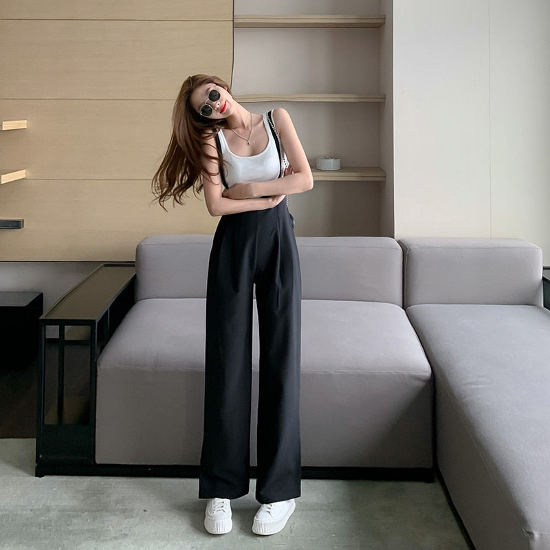 Women Summer Fashion Strap Wide-leg Pants Jumpsuit Casual Loose Drape Split Trousers High Waist Bodysuit Sling One-piece Pants