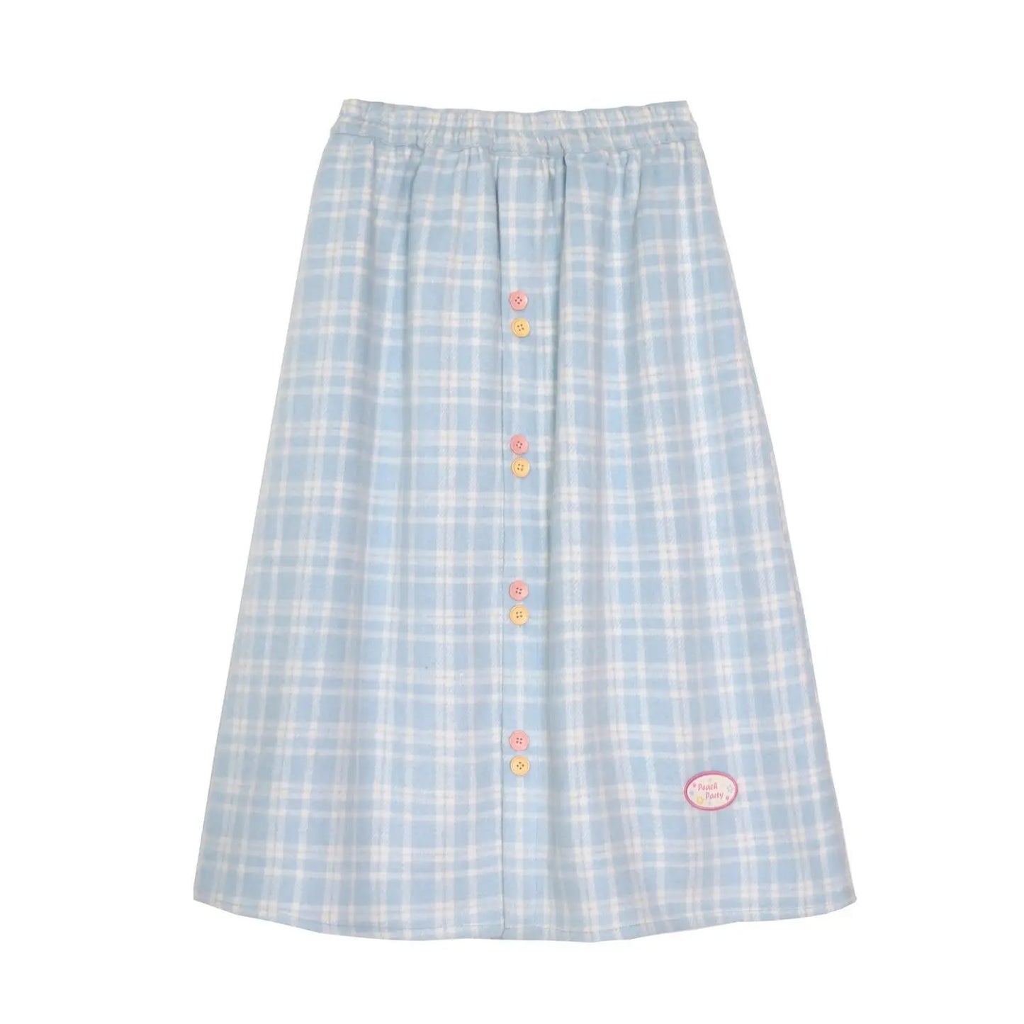 Kawaii Plaid Skirt Women Winter Elastic Waist A-line Button Patchwork Cute Blue Woolen Long Skirt Harajuku Fashion