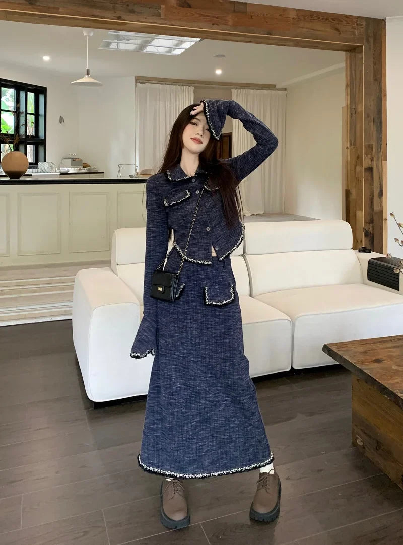 lovwvol Y2k French Flare Sleeve Sweater Top High Waist Skirt Temperament Package Hip Skirt Two Piece Set for Women Conjuntos Para Vestir