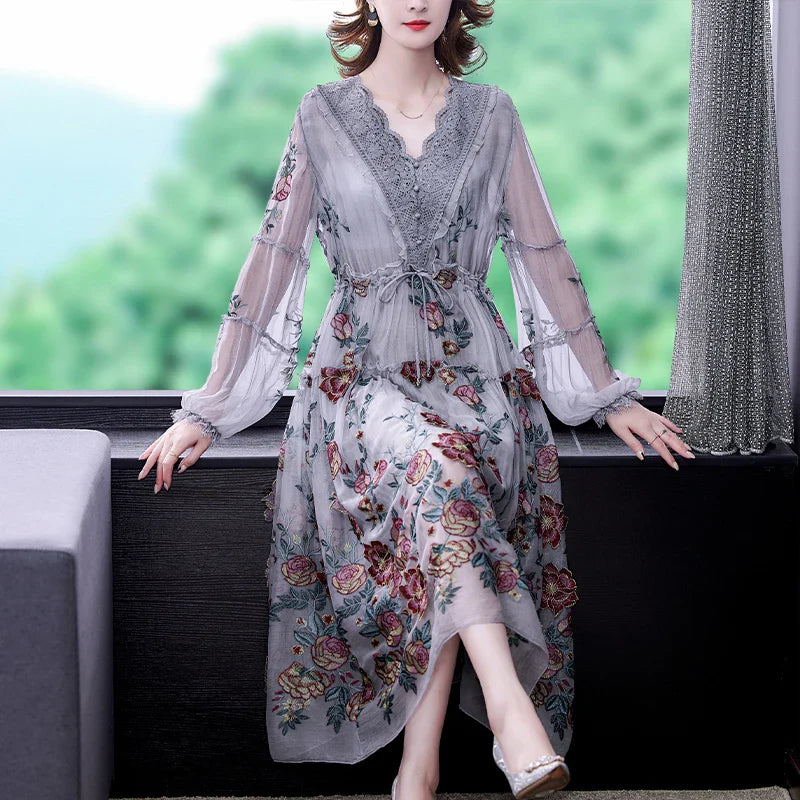 lovwvol New 2024 Women's Summer Runway Embroidered Long Dress Ladies V-neck Lantern Sleeve Mesh Vintage Party Dress