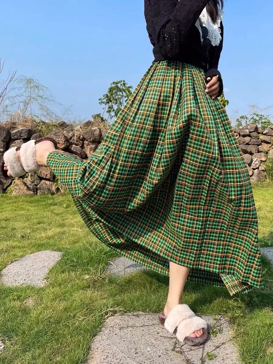 lovwvol Large Vintage Plaid Skirts for Woman Autumn New Design Pleated Skirt Korean Fashion Faldas Long Elastic Waist Skirts