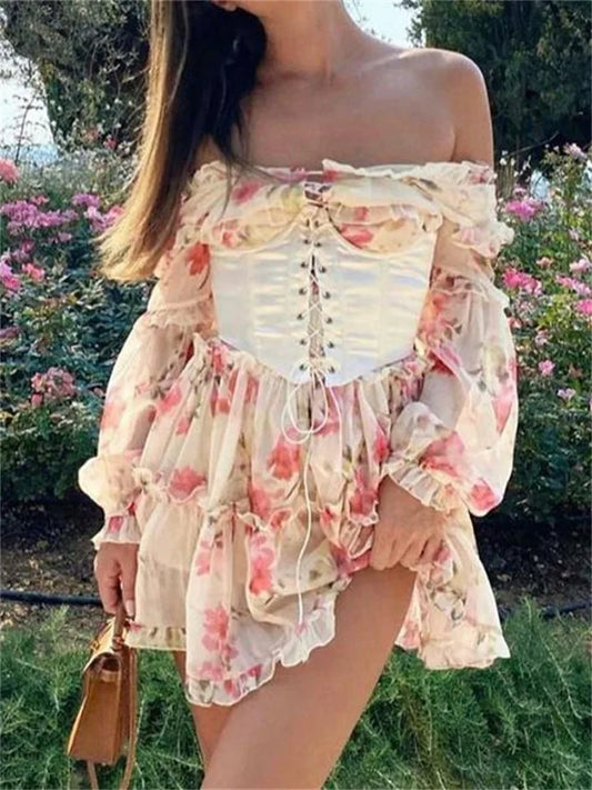 lovwvol Vintage Off Shoulder Long Sleeve A-Line Short Dress Women Fairy Elegant Square Neck Bandage Corset Mini Dresses Party