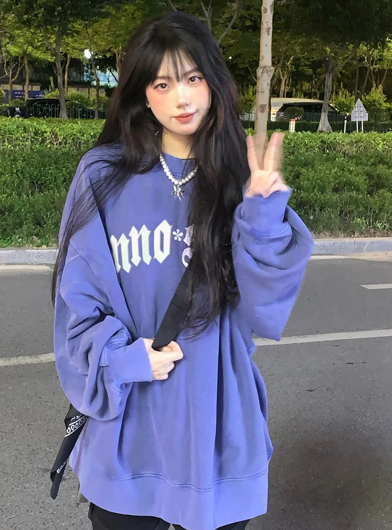 lovwvol Y2K Retro Off Shoulder Letter Pattern Printed Hoodie Women 2022 Early Fall New Loose Oversize Small Lazy Thin Top Hoodie Clothes