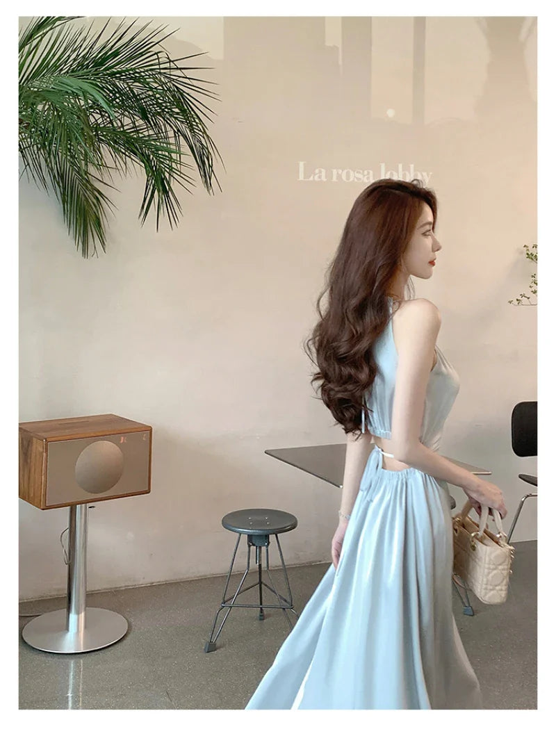 Summer Elegant Backless Satin Midi Dresses for Women Korean Fashion Sleeveless Slim Evening Party Female Casual Clothing