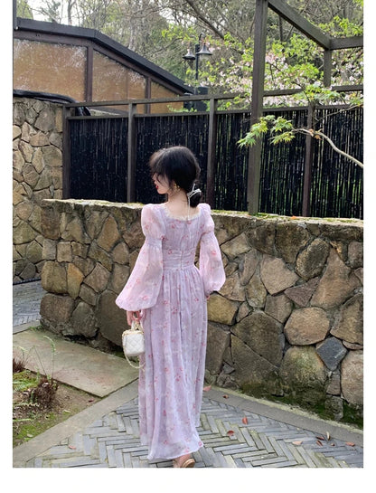 lovwvol French Elegant Square Neck Chiffon Dress for Women Summer Evening Party Long Sleeve Female Dress Casual Fashion Midi Dress