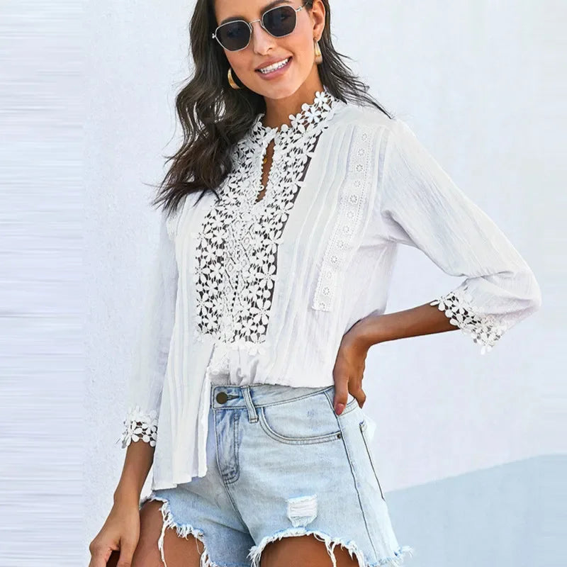 lovwvol Loose 3/4 sleeve lace blouses shirt women vintage cotton Button v neck causal boho blusa autumn blouse femme top