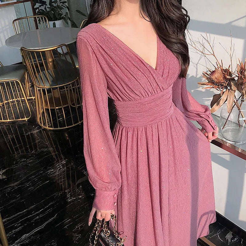 lovwvol Vintage Sexy Maxi Dresses for Women Party Sequin Midi Dress Female Casual Chiffon Slim Korean Woman Dress Elegant Autumn