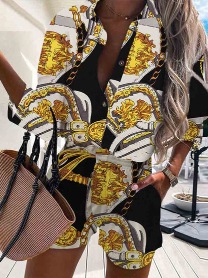 lovwvol New Elegant Print Two Piece Sets Women Summer Spring Turn-Down Collar Shirt Tops+ Shorts Woman Sets Casual Long Sleeve Shirts