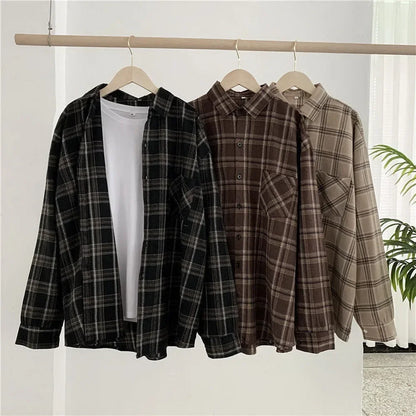 Women Shirt Plaid Oversize Turn-down Collar Leisure Fashion Loose All-match Womens Long Sleeves Soft Chic Korean Style Tops polo