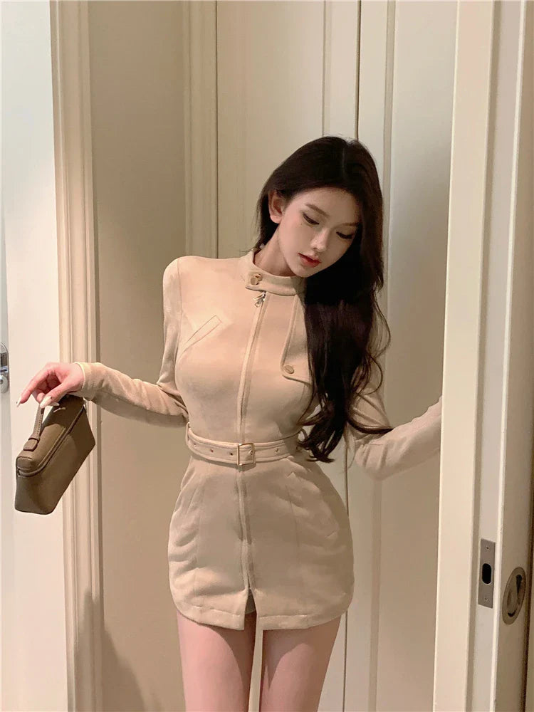 lovwvol Autumn French Vintage Dress Coats Women Casual Bodycon Y2k Mini Dress Office Lady Outwear Elegant Evening Party Korean