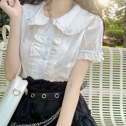 lovwvol Kawaii Lolita Blouses White Women Cute Lace Tops Ruffle Shirts Vintage Puff Sleeve Japanese Preppy Style Sweet Tops