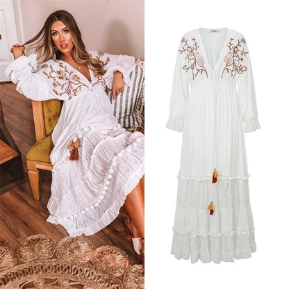 lovwvol Vintage Deep V Floral Embroidery Dress for Women Casual Loose Ruffles Summer Dresses 2022 Beach Wear Long Vestidos Robe