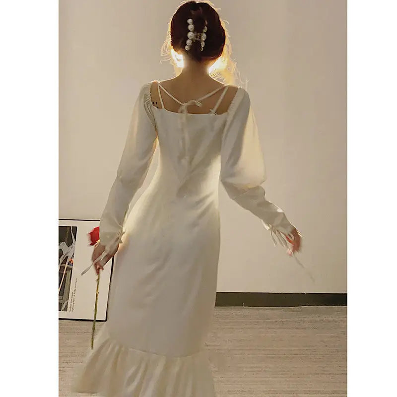 lovwvol Summer New Style Retro Sweet one-shoulder Square Neck Puff Sleeve Trumpet Dress Women Sexy Folds White Vintage Wedding Dresses