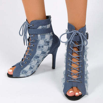 Blue Denim High Heels Boots Women 2023 Autumn Pointed Toe Peep Toe Ankle Boots Woman Plus Size 42 Zipper Thin Heeled Short Botas