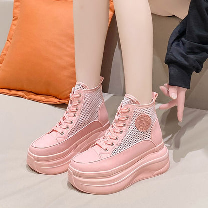 Summer Ankle Boots Women's Mesh Shoes New Hollow Out Breathable Casual Sneakers White Pink Height Increasing Womans Footwear